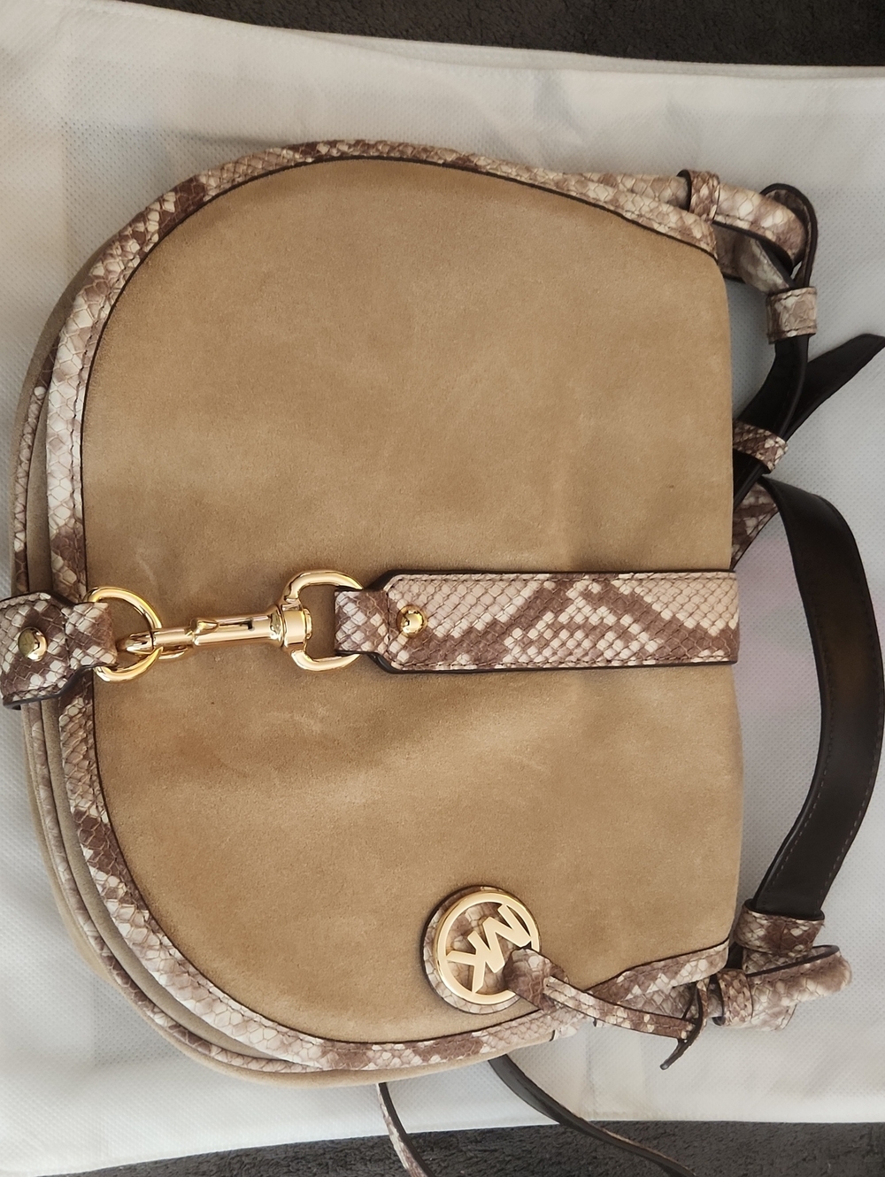 Michael Kors Jamie Taupe Suede Shoulder Bag with Snake-Print Trim